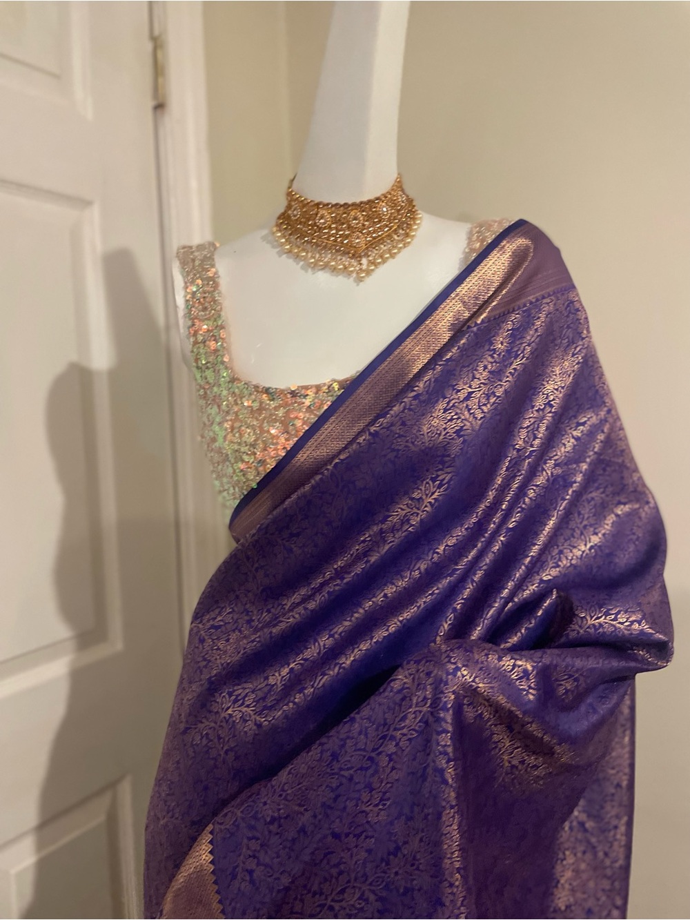 Premade Lavish Purple and Gold Woven Silk ready to wear Saree with Matching Blou - Picture 2 of 12
